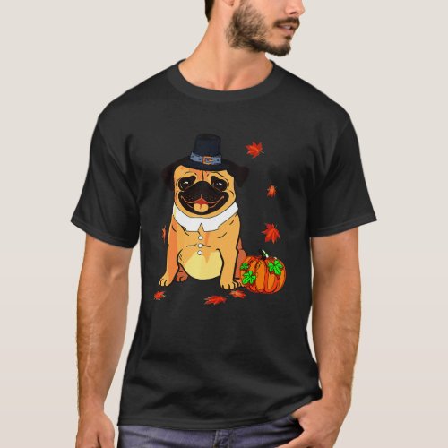 Pilgrim Hat Pumpkin Pug T_Shirt