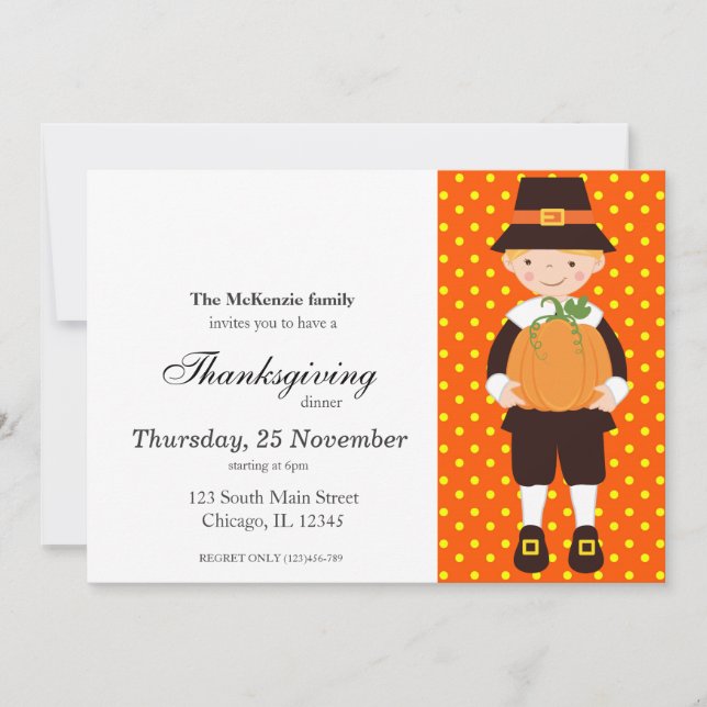 Pilgrim Kids Thanksgiving dinner Invitation (Front)
