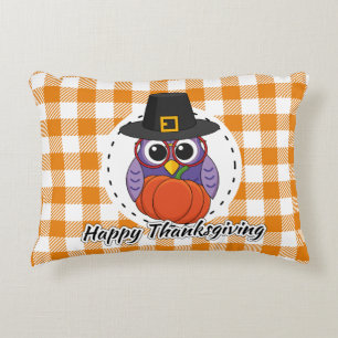 Pilgrim Owl on Orange Plaid - Happy Thanksgiving Accent Pillow