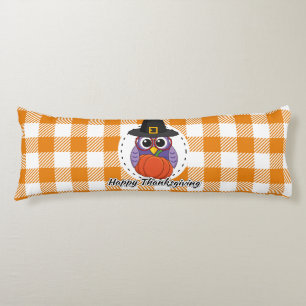 Pilgrim Owl on Orange Plaid - Happy Thanksgiving Body Pillow