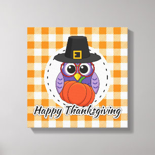 Pilgrim Owl on Orange Plaid - Happy Thanksgiving Canvas Print