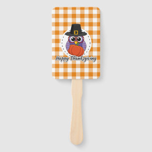 Pilgrim Owl on Orange Plaid - Happy Thanksgiving Hand Fan