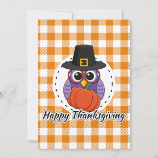 Pilgrim Owl on Orange Plaid - Happy Thanksgiving Holiday Card