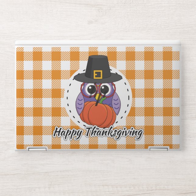 Pilgrim Owl on Orange Plaid - Happy Thanksgiving HP Laptop Skin (Front)