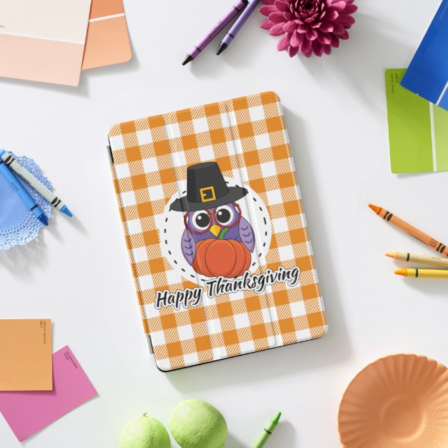Pilgrim Owl on Orange Plaid - Happy Thanksgiving iPad Pro Cover (Desk)