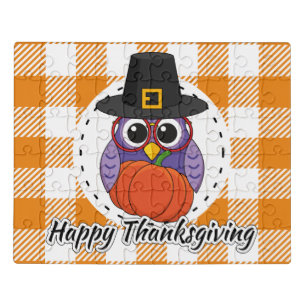 Pilgrim Owl on Orange Plaid - Happy Thanksgiving Jigsaw Puzzle