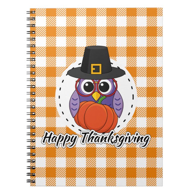 Pilgrim Owl on Orange Plaid - Happy Thanksgiving Notebook (Front)
