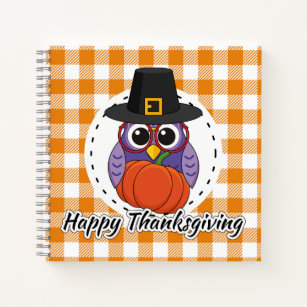 Pilgrim Owl on Orange Plaid - Happy Thanksgiving Notebook