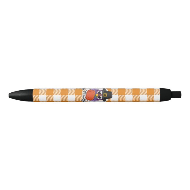 Pilgrim Owl on Orange Plaid - Happy Thanksgiving Pen (Front)