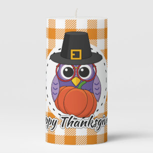 Pilgrim Owl on Orange Plaid - Happy Thanksgiving Pillar Candle