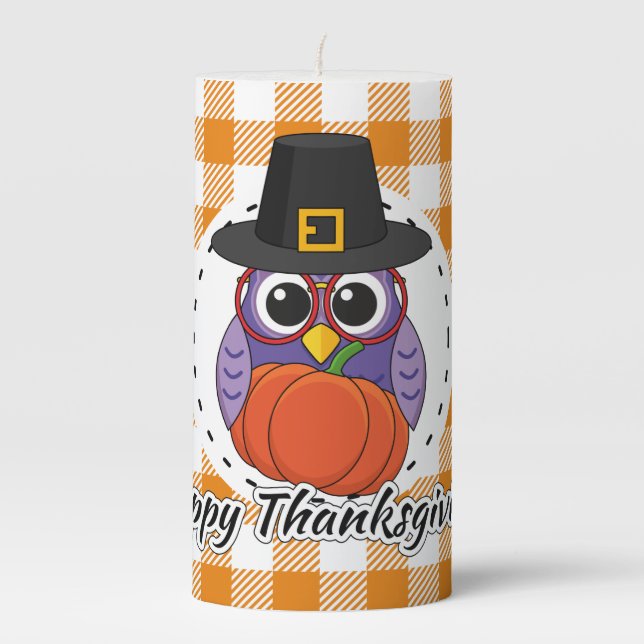 Pilgrim Owl on Orange Plaid - Happy Thanksgiving Pillar Candle (Front)