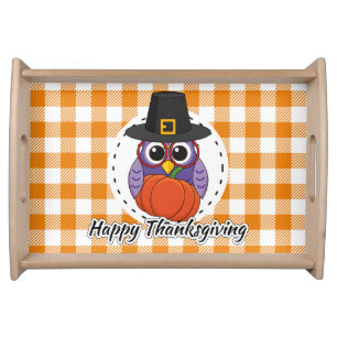 Pilgrim Owl on Orange Plaid - Happy Thanksgiving Serving Tray