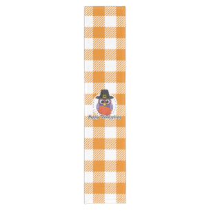 Pilgrim Owl on Orange Plaid - Happy Thanksgiving Short Table Runner