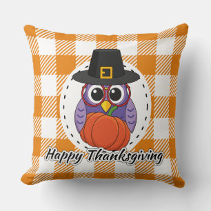 Pilgrim Owl on Orange Plaid - Happy Thanksgiving Throw Pillow