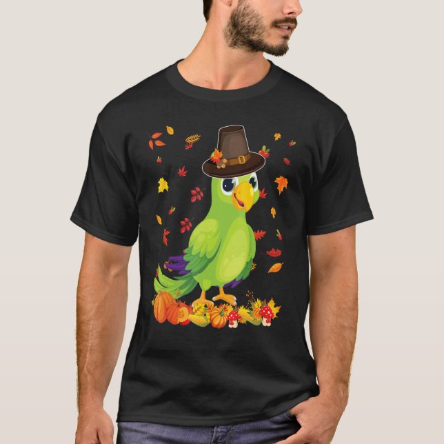 Pilgrim Parrot Happy Thanksgiving Thankful Pumpkin T-Shirt (Front)