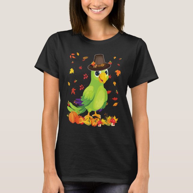 Pilgrim Parrot Happy Thanksgiving Thankful Pumpkin T-Shirt (Front)