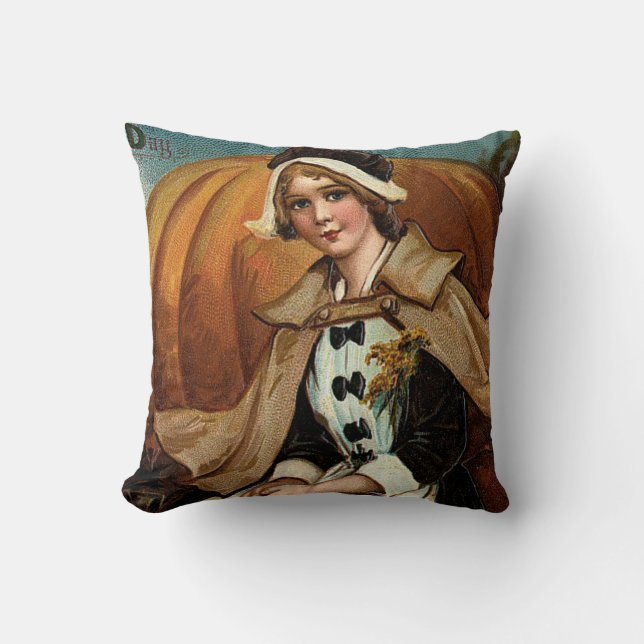 Pilgrim Pumpkin Fall Leaves Throw Pillow (Front)