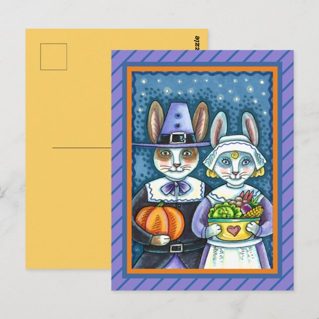 PILGRIM RABBITS, THANKSGIVING HARE'S HARVEST, CUTE POSTCARD (Front/Back)