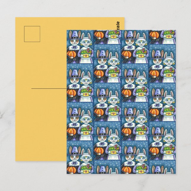 PILGRIM RABBITS, THANKSGIVING HARE'S HARVEST, CUTE POSTCARD (Front/Back)