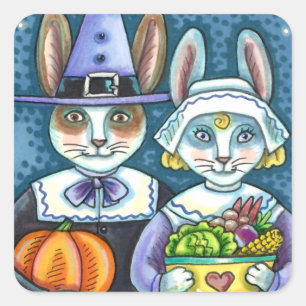 PILGRIM RABBITS, THANKSGIVING HARE'S HARVEST, CUTE SQUARE STICKER