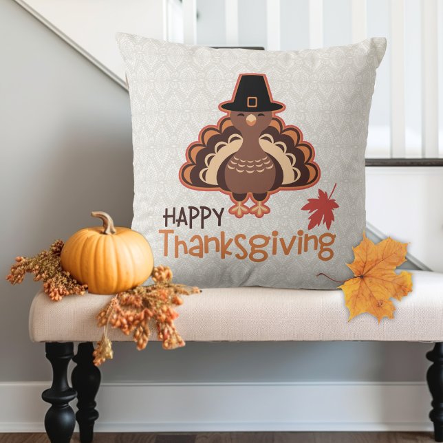 Pilgrim Turkey Thanksgiving Greetings Throw Pillow (Pilgrim Turkey Thanksgiving Greetings Throw Pillow)