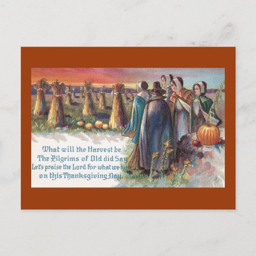 Pilgrims and Pumpkins Vintage Thanksgiving Holiday Postcard