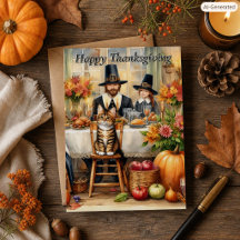 Pilgrims and Their Cat Happy Thanksgiving Greeting