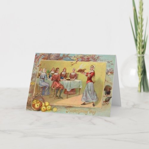 Pilgrims Celebrating Thanksgiving Holiday Card