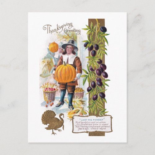 Pilgrims Plums and Pumpkins Vintage Thanksgiving Holiday Postcard