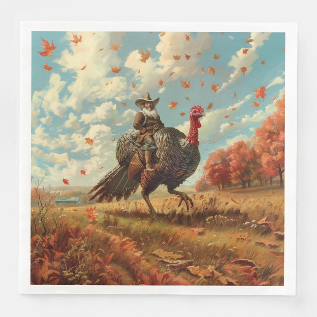 Pilgrims Ride Turkeys Paper Dinner Napkins (Front)