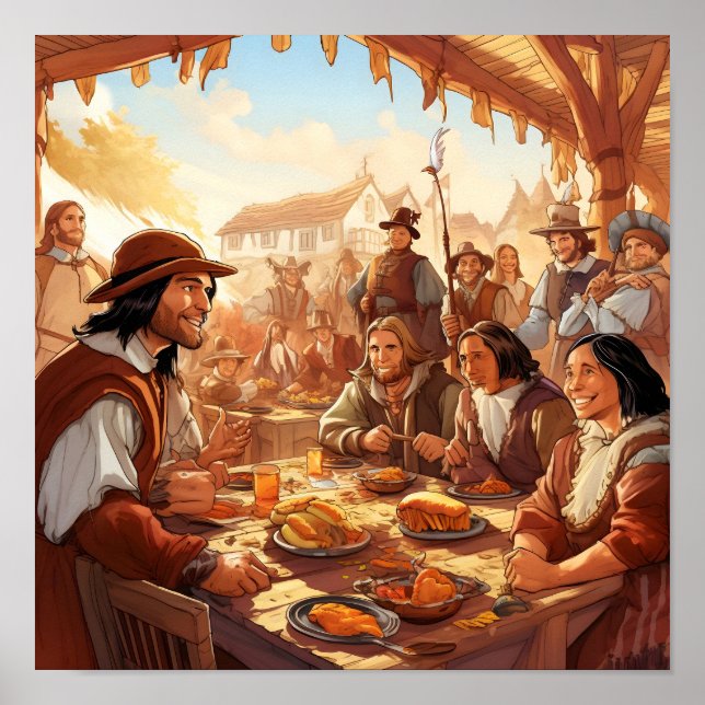 Pilgrims sharing Thanksgiving meal with Friends Poster (Front)