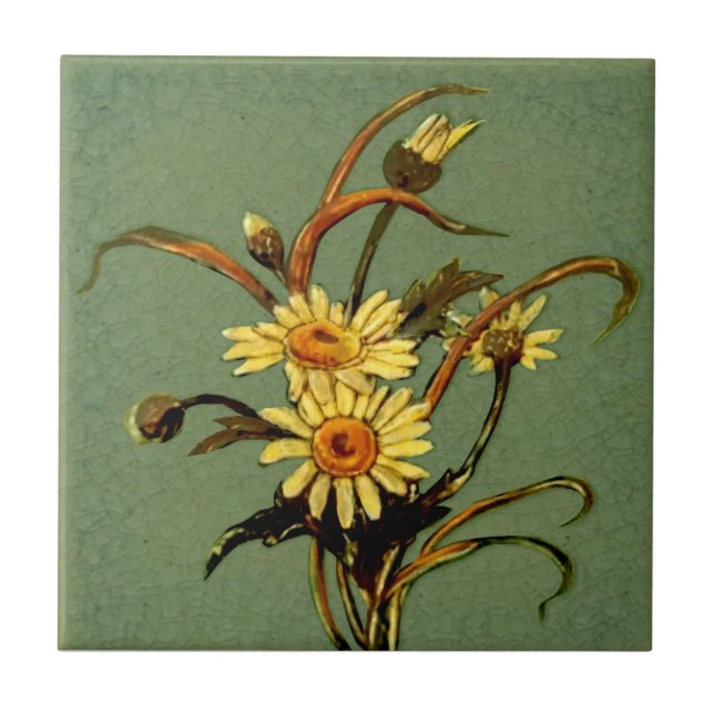 Pilkington c1900 Green Daisies Slip Painted Repro Ceramic Tile (Front)