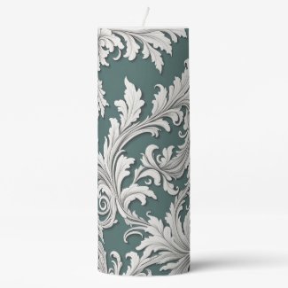Pillar Candle Damask Design Aqua Black & White