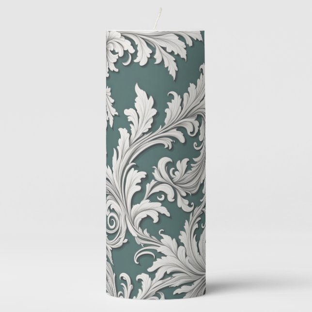 Pillar Candle Damask Design Aqua Black & White (Front)