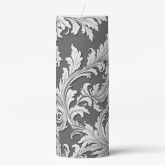 Pillar Candle Damask Design Gray Black & White