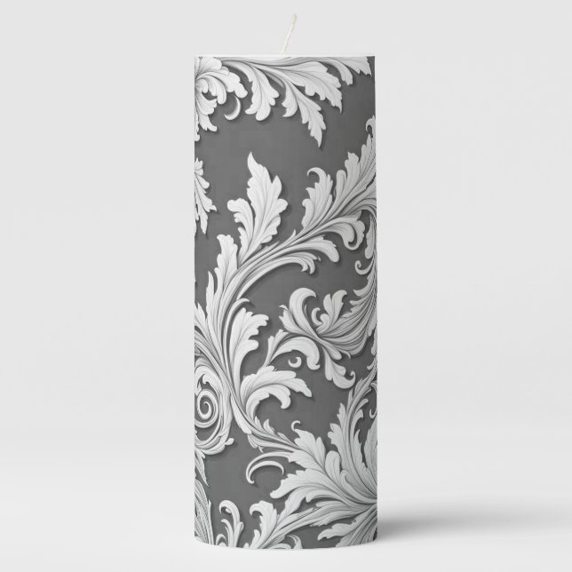 Pillar Candle Damask Design Gray Black & White (Front)