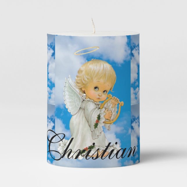 Pillar Candle Sunflower Floral Baby Angel Sky (Front)