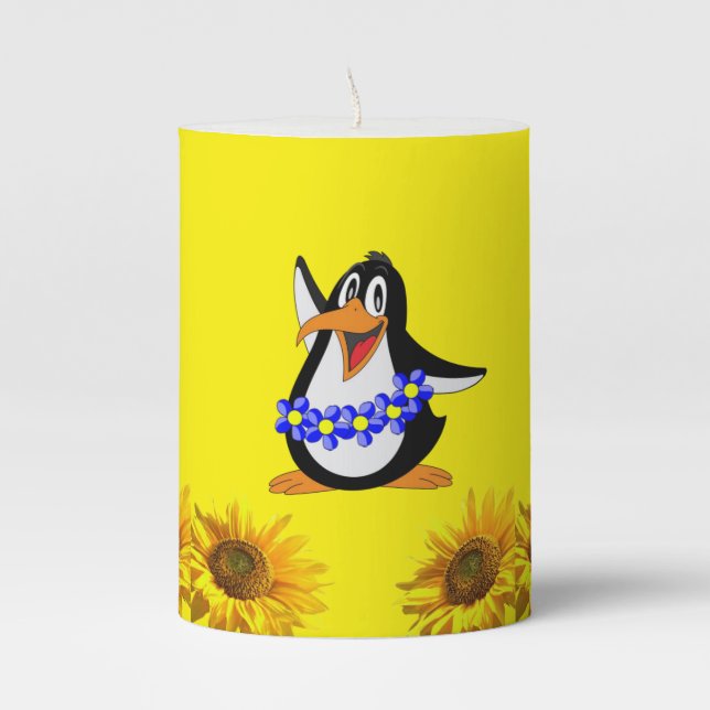 Pillar Candle Sunflower Floral Penguin (Front)