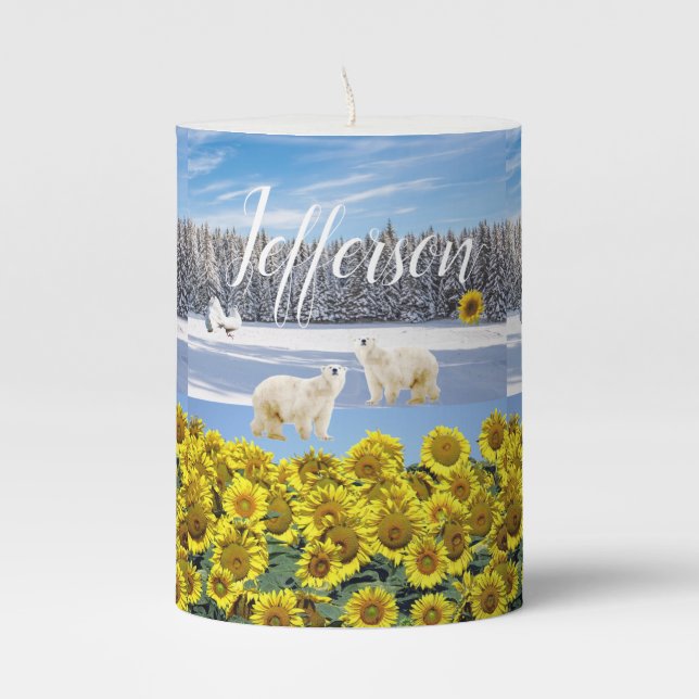 Pillar Candle Sunflower Floral Polar Bear (Front)