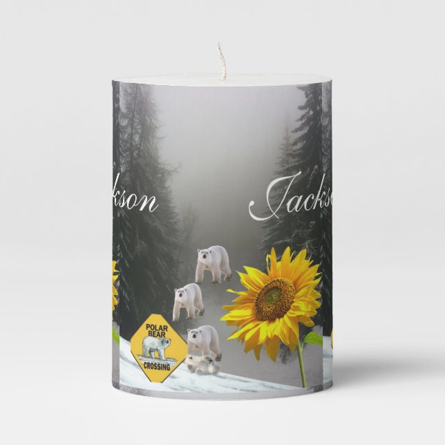 Pillar Candle Sunflower Floral Polar Bear (Front)