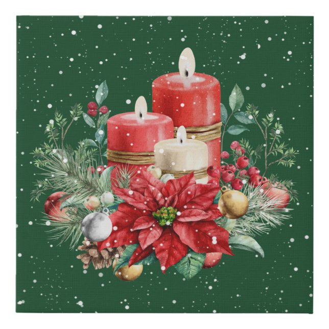 Pillar Candles, Poinsettia & Christmas Botanicals Faux Canvas Print (Front)