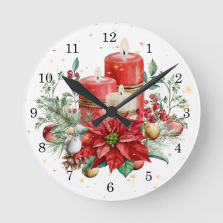 Pillar Candles, Poinsettia & Christmas Botanicals Round Clock