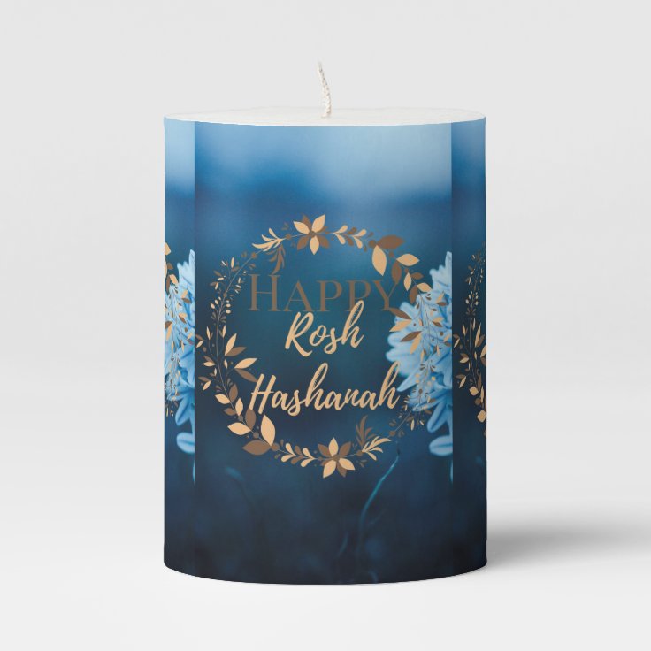 Pillar Light Candle Happy Rosh Hashanah Blue Flora Zazzle