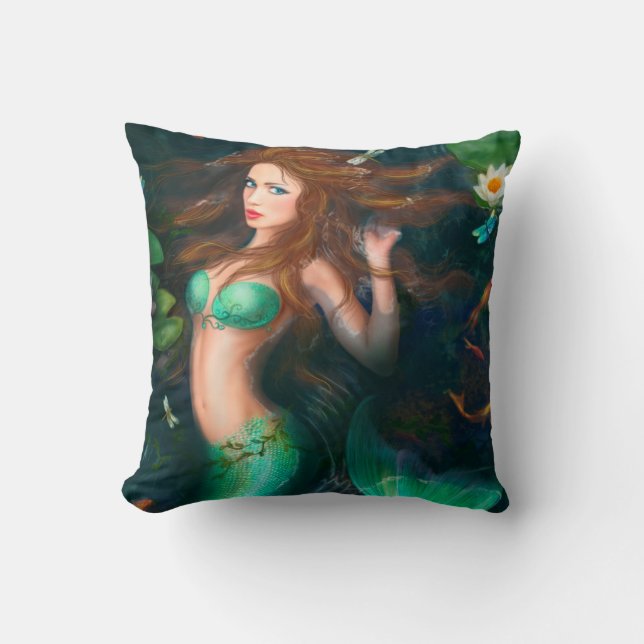 Pillow Beautiful Fantasy mermaid in lake with lili (Front)