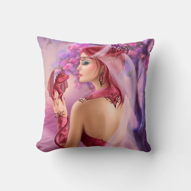 Pillow Beautiful fantasy woman queen and red drago (Front)