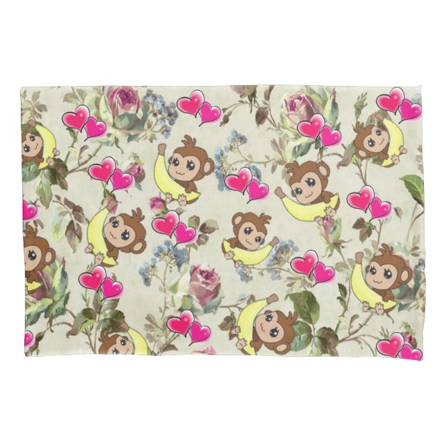 Pillow Case Monkey Bananas Pink Hearts Floral (Front)