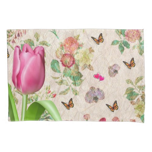 Pillow Case Pink Tulip Butterfly