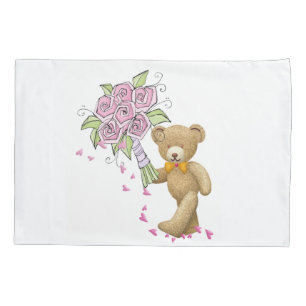 Pillow Case White Teddy Bear Floral