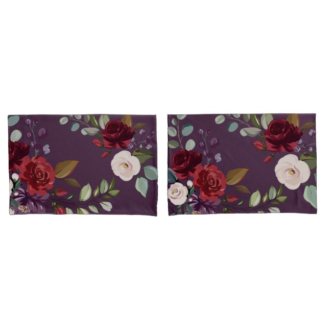 Pillow Cases Plum Purple Roses Gold Geometric Flor (Front-Set)