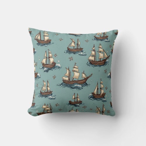 Pillow cushion with wooden boat and sea pattern